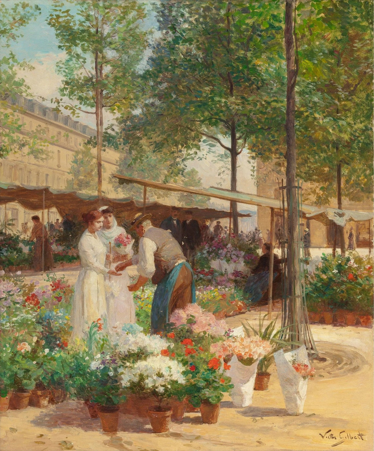 People Oil Painting - Women at Outdoor Flower Market - Oil Painting Haven
