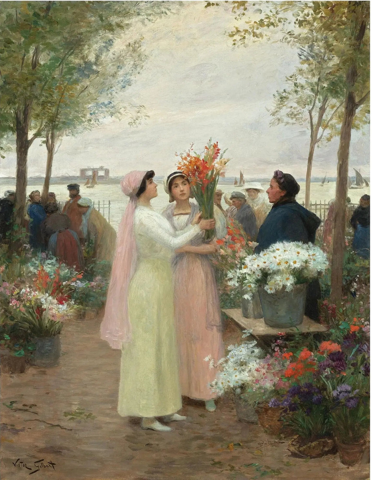 People Oil Painting - Women at Riverside Flower Market - Oil Painting Haven