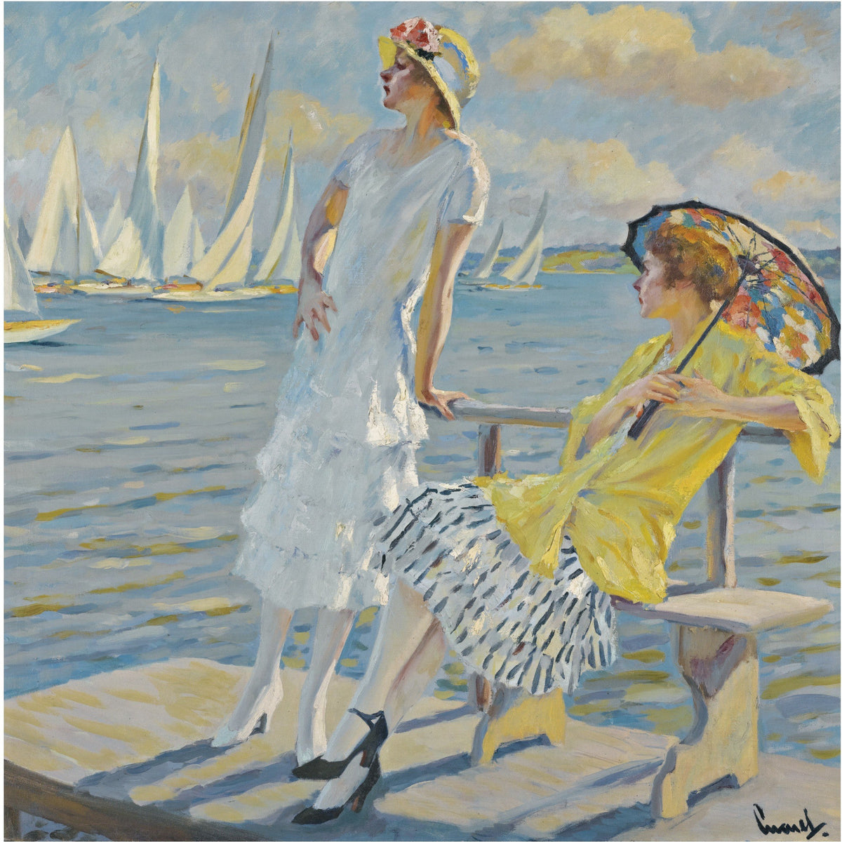 People Oil Painting - Women at Seaside Regatta Scene - Oil Painting Haven