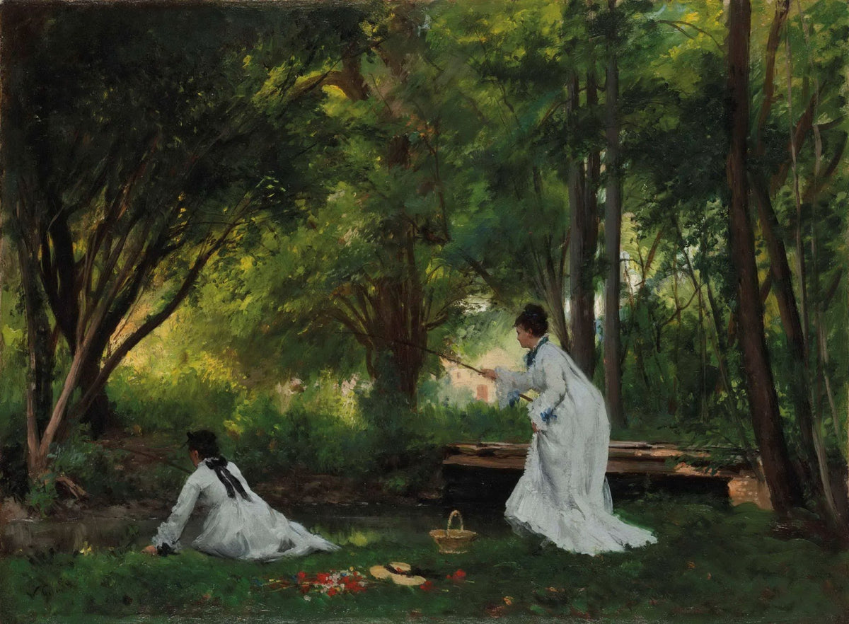 People Oil Painting - Women Fishing in Forest Landscape Scene - Oil Painting Haven