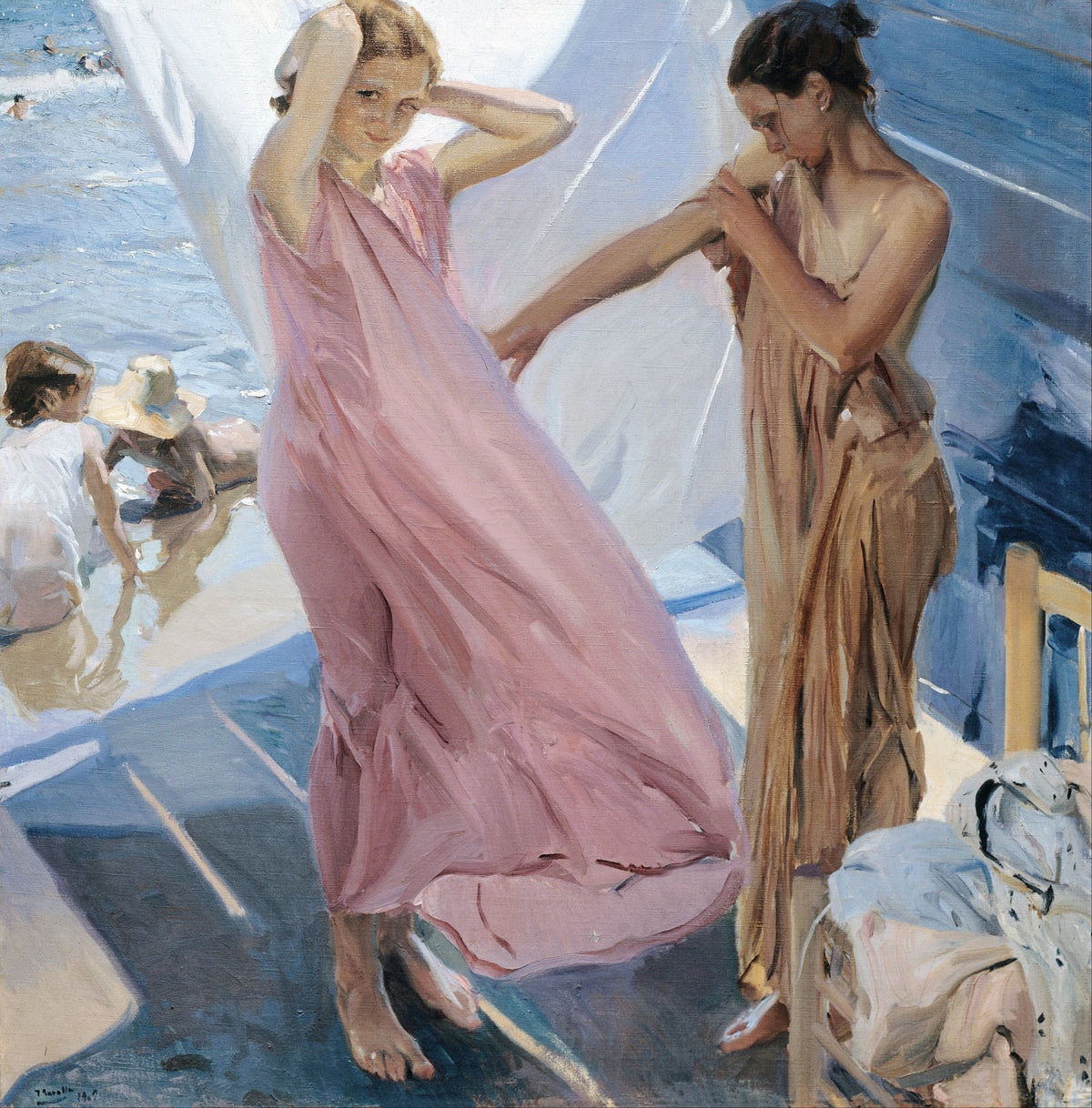 People Oil Painting - Women in Flowing Dresses by Seaside - Oil Painting Haven