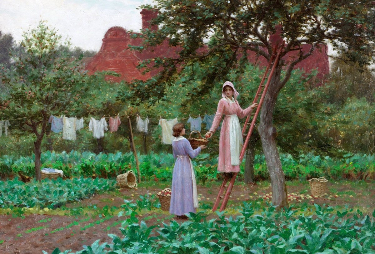 People Oil Painting - Women Picking Apples in Garden Scene - Oil Painting Haven