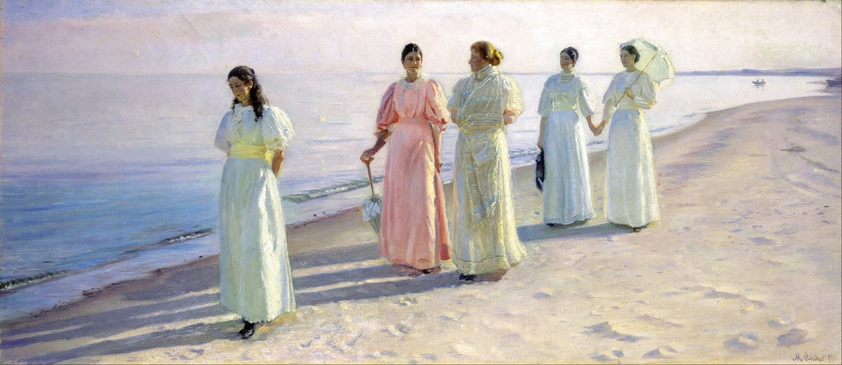 People Oil Painting - Women Walking Along Sunny Beach - Oil Painting Haven