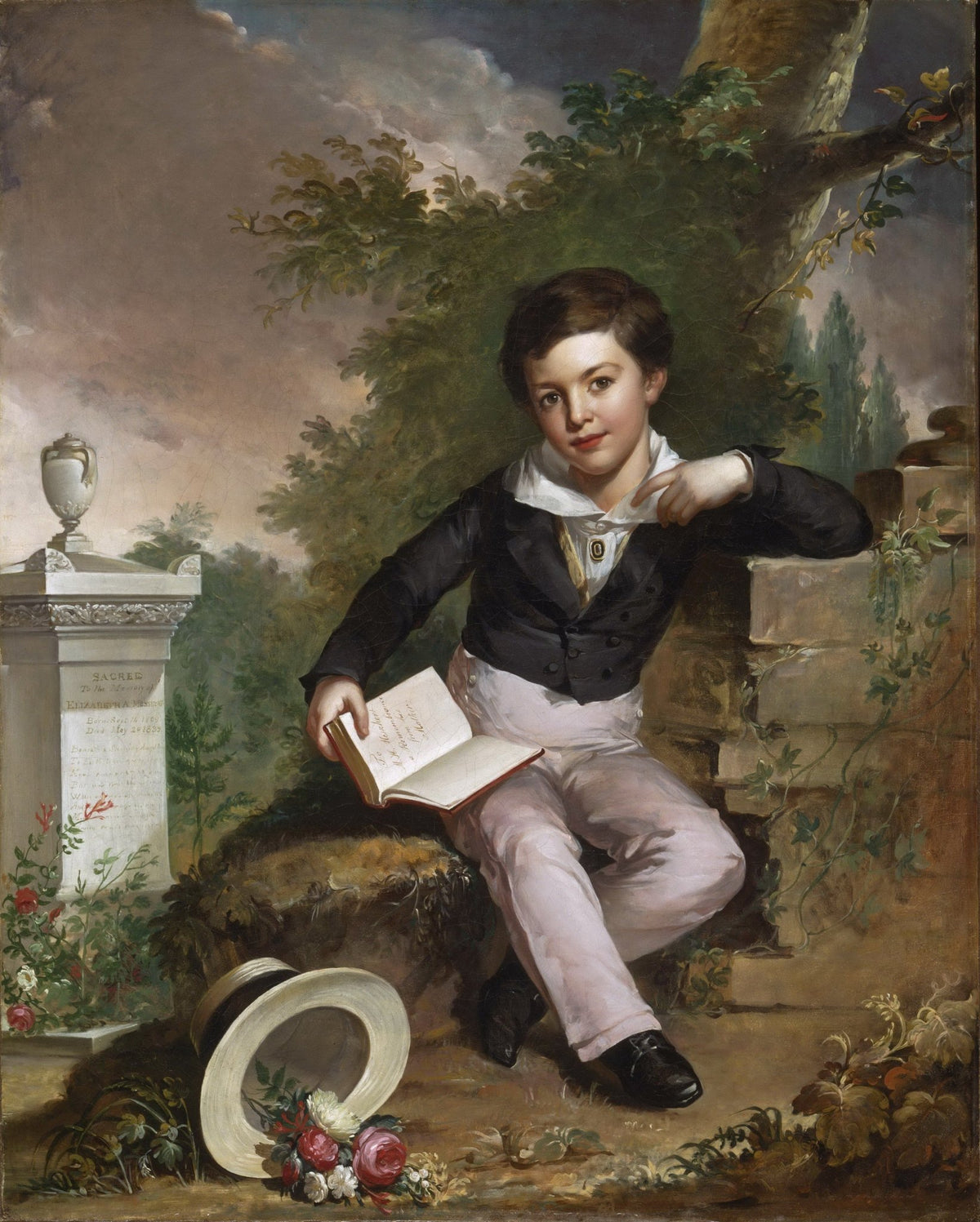 People Oil Painting - Young Boy Portrait with Book Outdoors - Oil Painting Haven
