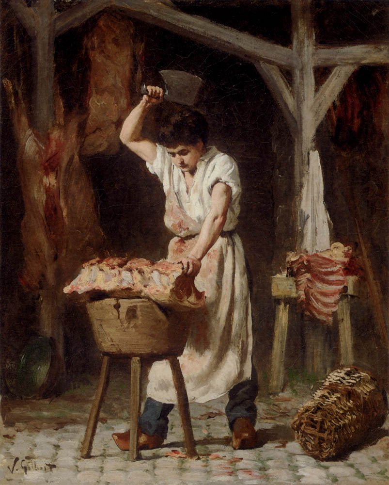 People Oil Painting - Young Butcher at Work Interior Scene - Oil Painting Haven
