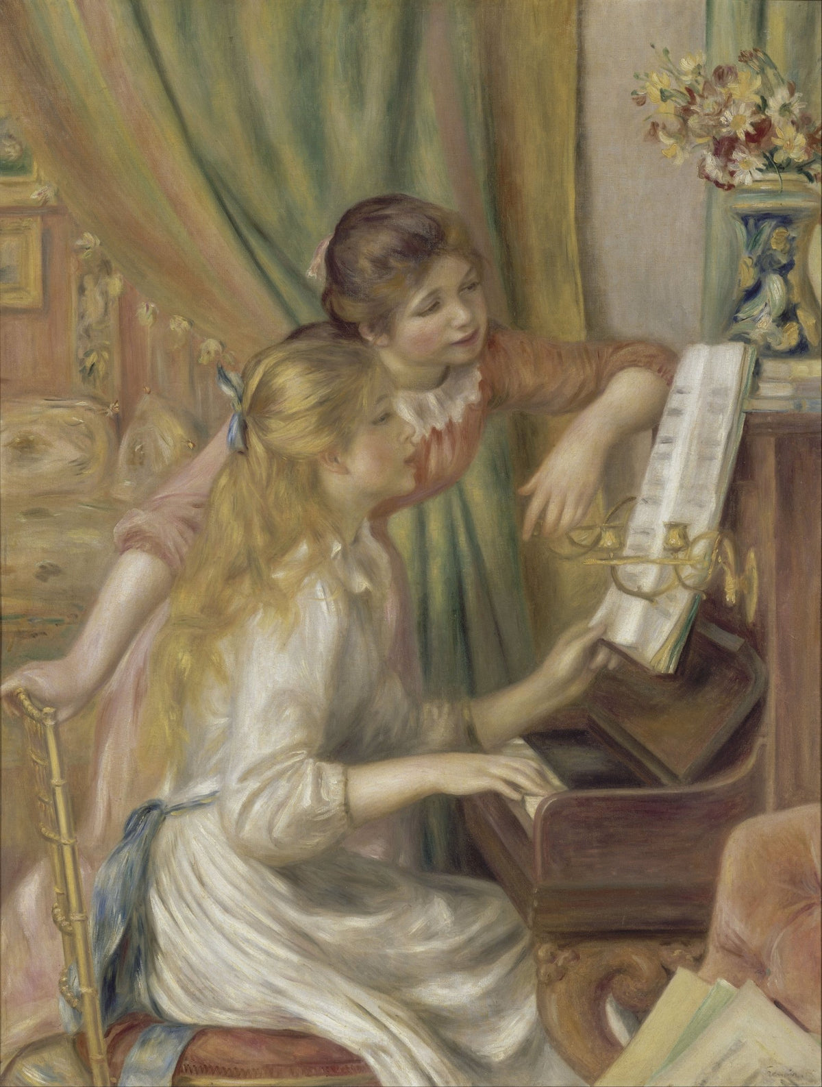 People Oil Painting - Young Girls Playing Piano Indoors - Oil Painting Haven