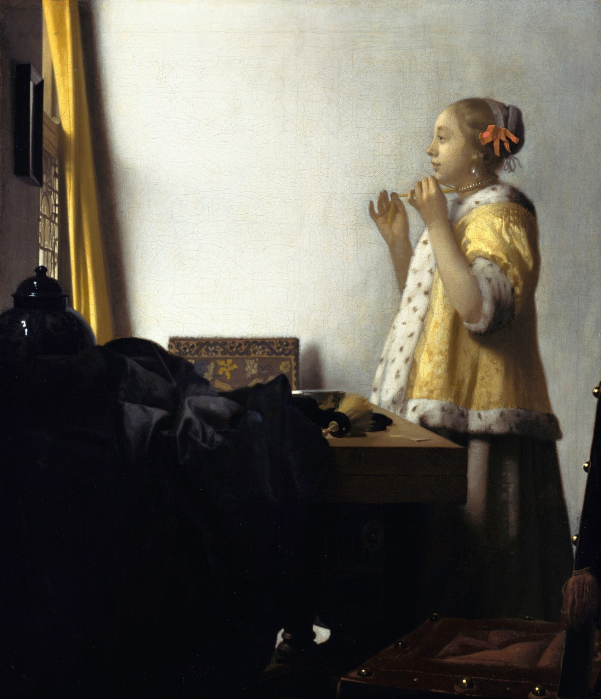 People Oil Painting - Young Woman with Pearl Necklace Indoors - Oil Painting Haven