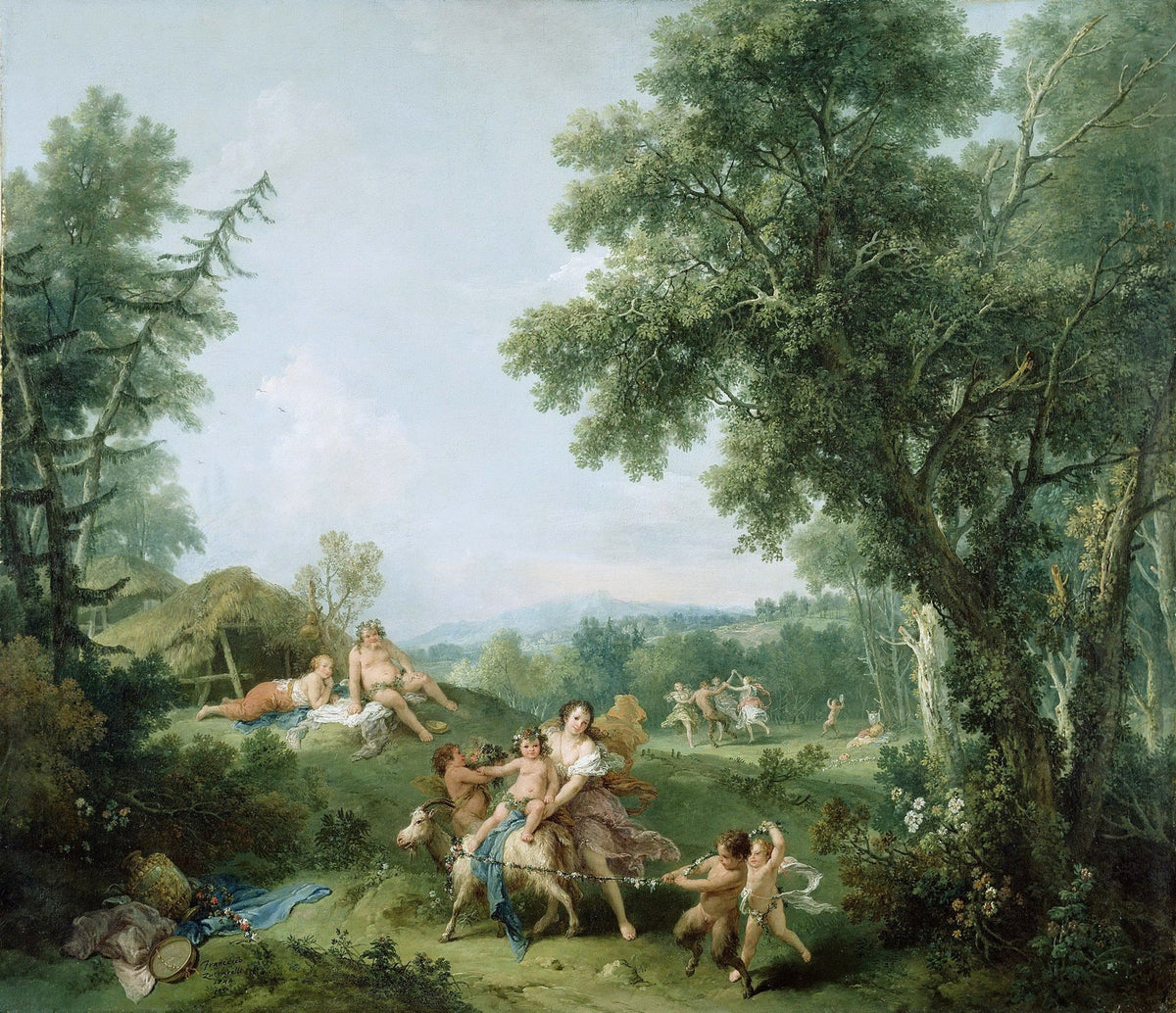 Landschaftsgemälde in Öl – Mann auf Esel, Frau, Hund und ländliches Feld