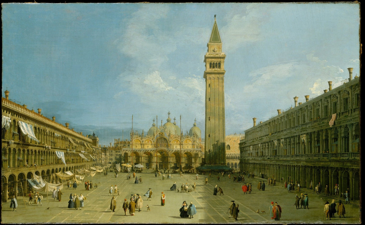 Hand painted landscape oil painting of Piazza San Marco in Venice with textured brushwork, blue sky and historic buildings. - Add Frame, Canvas, Hand Painted, Landscape, Made To Order, Oil Painting, Venice
