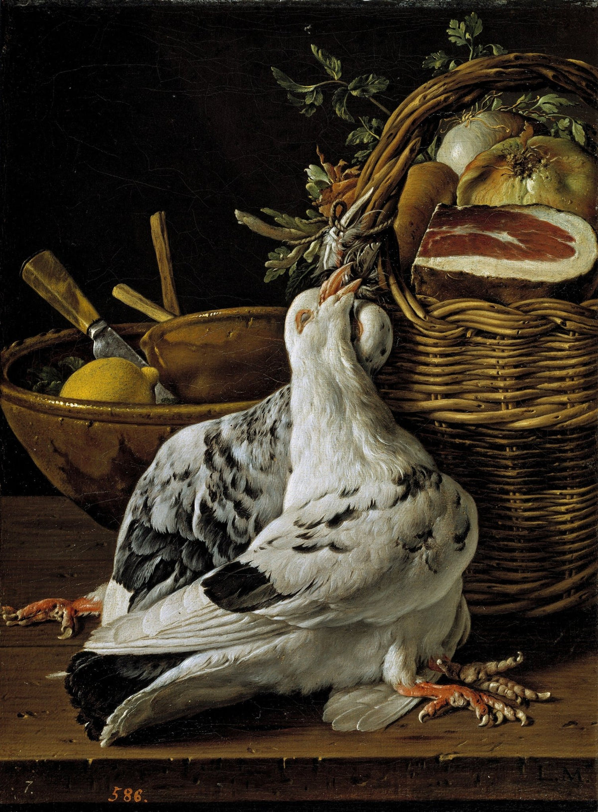 Pigeon, Basket and Kitchen Utensils - Still Life Oil Painting - Oil Painting Haven