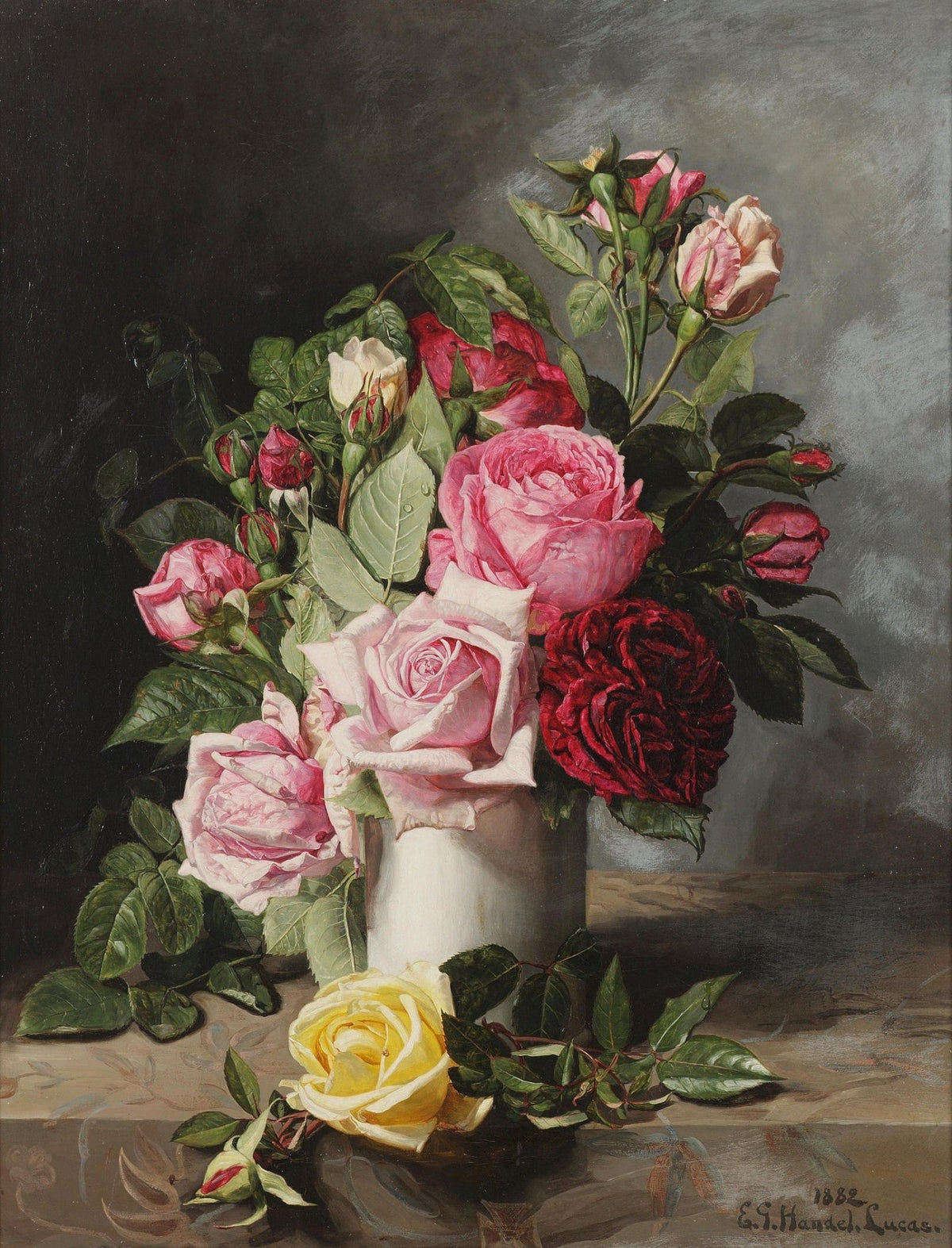 Pink and Red Roses in White Vase Still Life – Floral Oil Painting - Oil Painting Haven