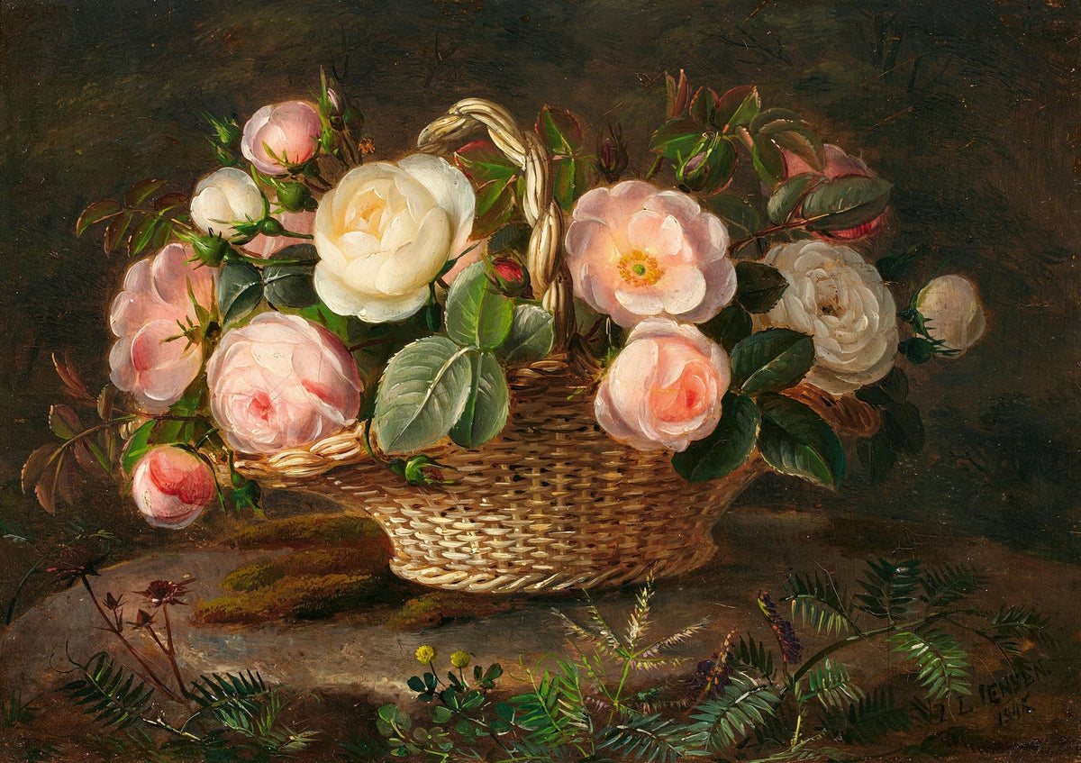 Pink and White Roses in Wicker Basket - Floral Oil Painting - Oil Painting Haven