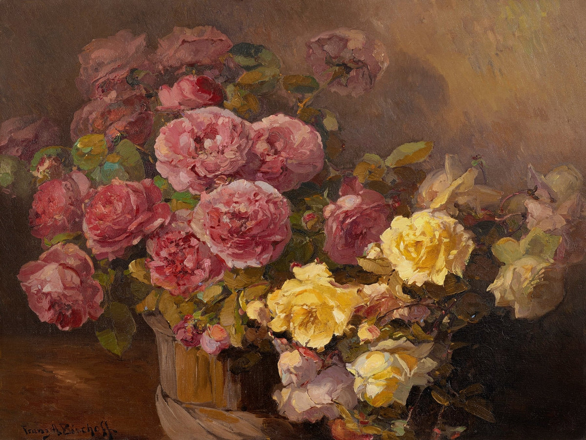 Pink and Yellow Rose Bouquet Still Life - Floral Oil Painting - Oil Painting Haven