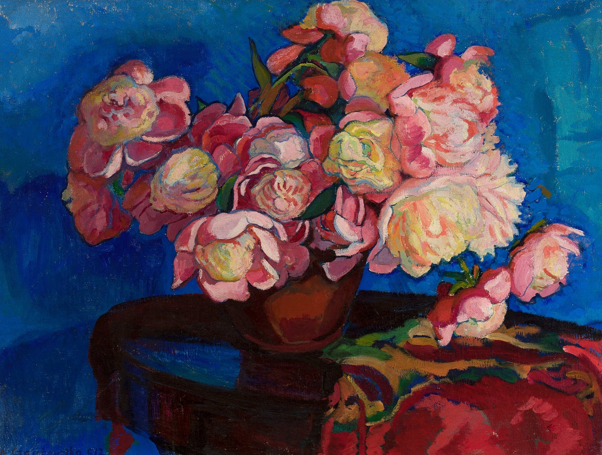 Pink Peonies in Vase on Table Still Life - Floral Oil Painting - Oil Painting Haven