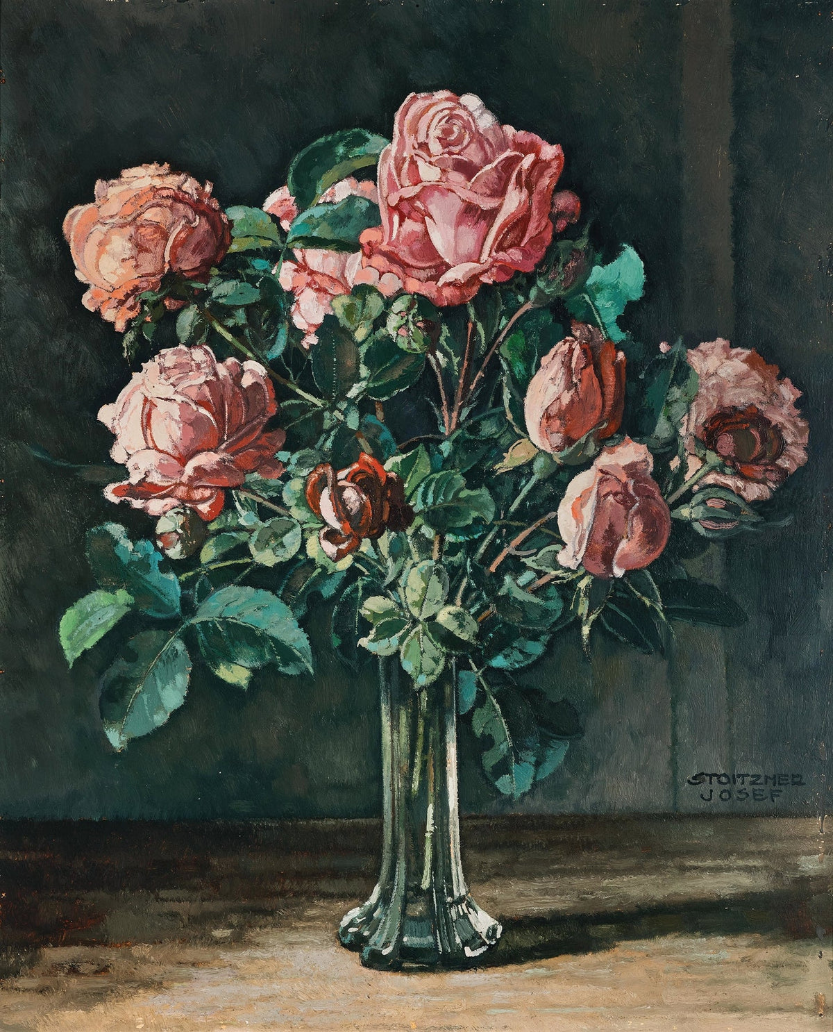 Pink Rose Bouquet in Glass Vase Still Life - Floral Oil Painting - Oil Painting Haven