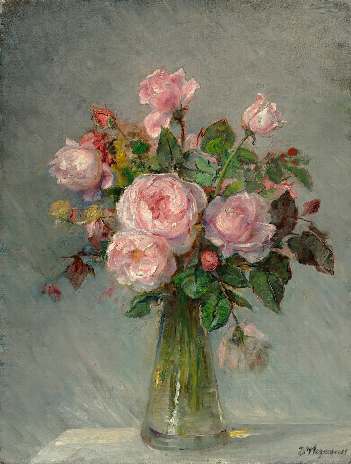 Pink Roses in Glass Vase Still Life - Floral Oil Painting - Oil Painting Haven