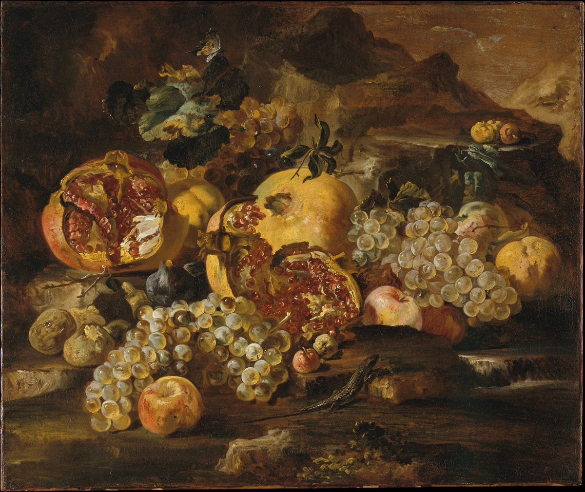 Pomegranates and Grapes on Rustic Table - Still Life Oil Painting - Oil Painting Haven