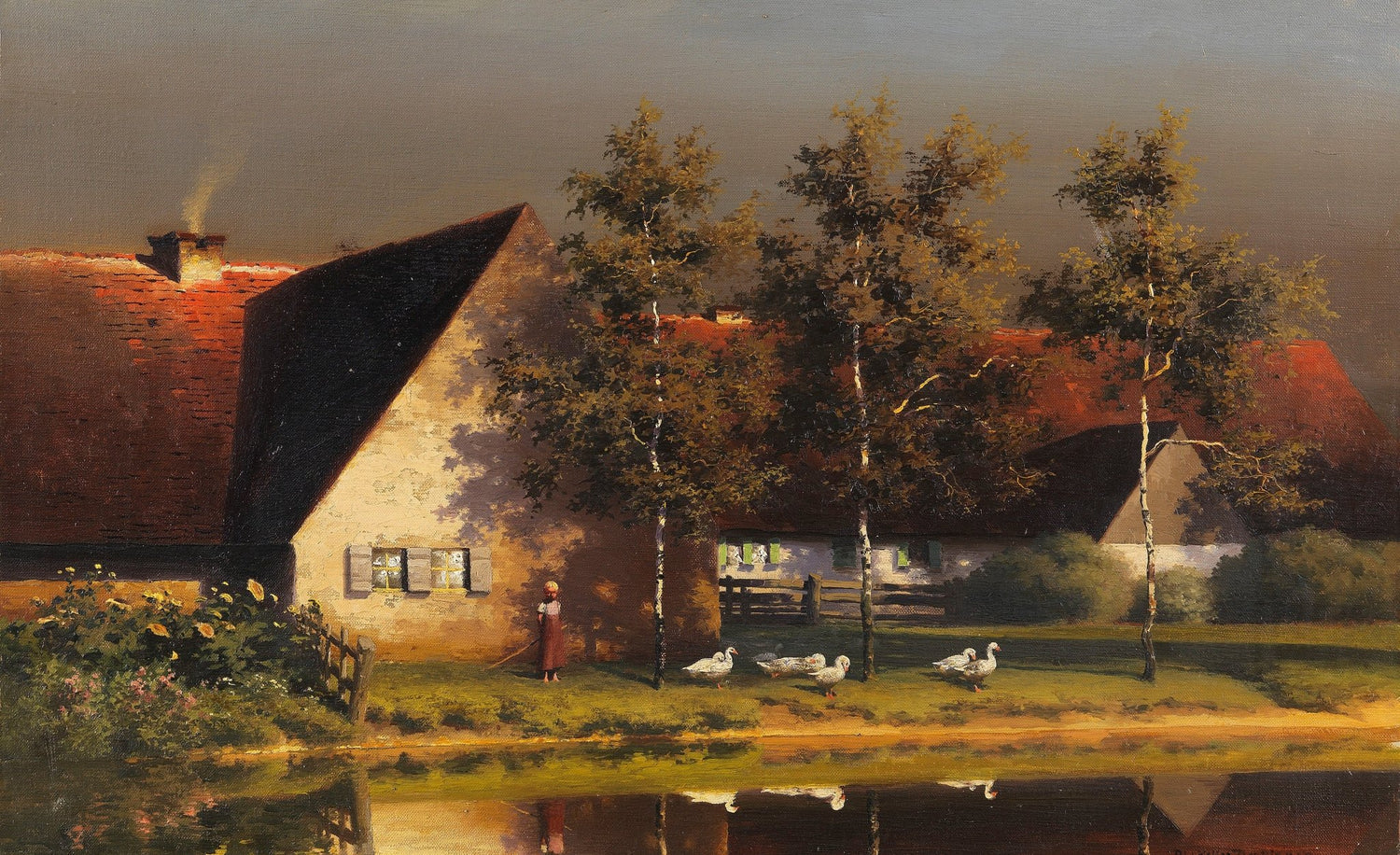 Quiet Countryside Farmhouse with Geese Hand - Painted Oil Painting - Oil Painting Haven