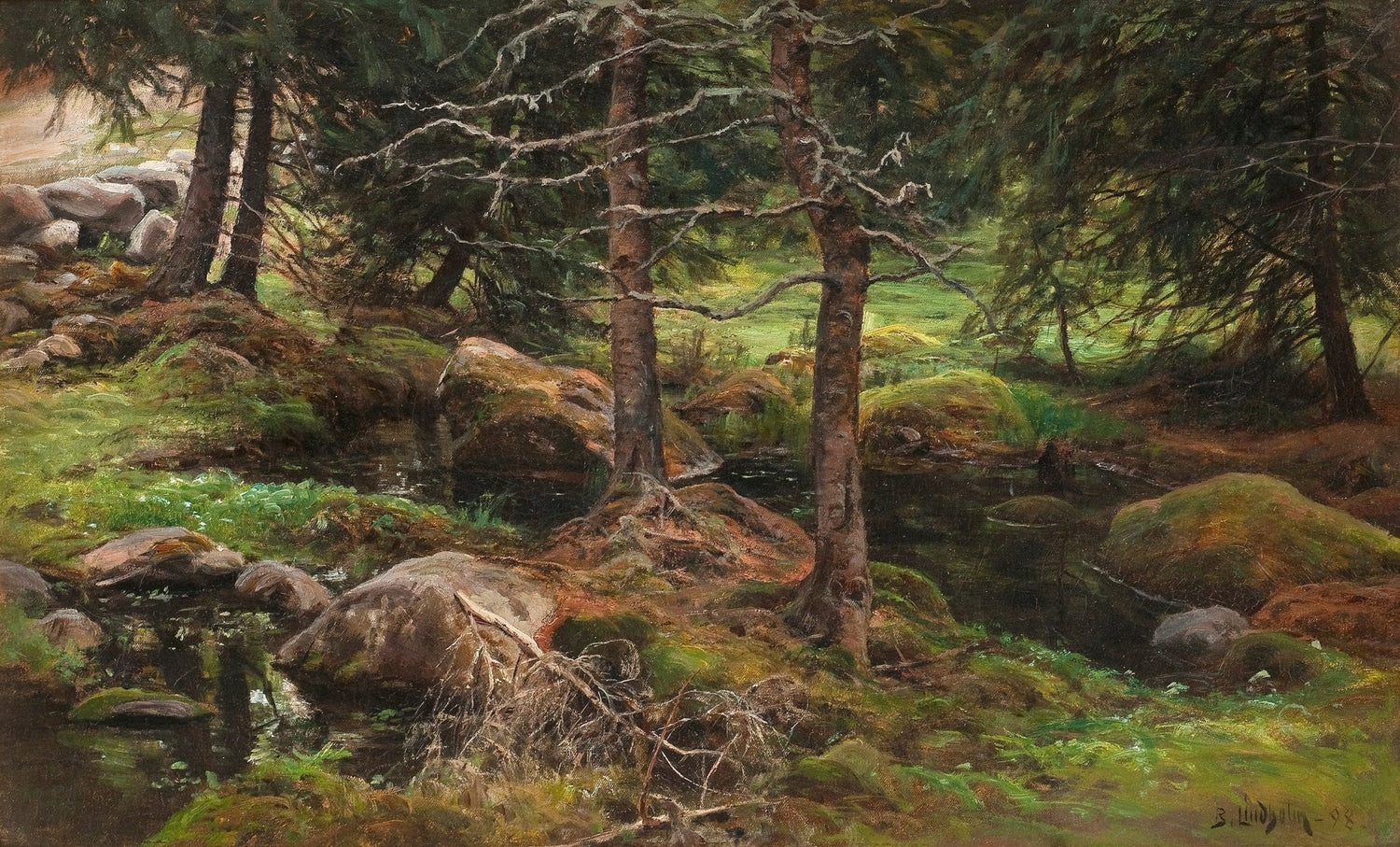 Quiet Forest Stream, Mossy Rocks – Hand - Painted Landscape Oil Painting - Oil Painting Haven
