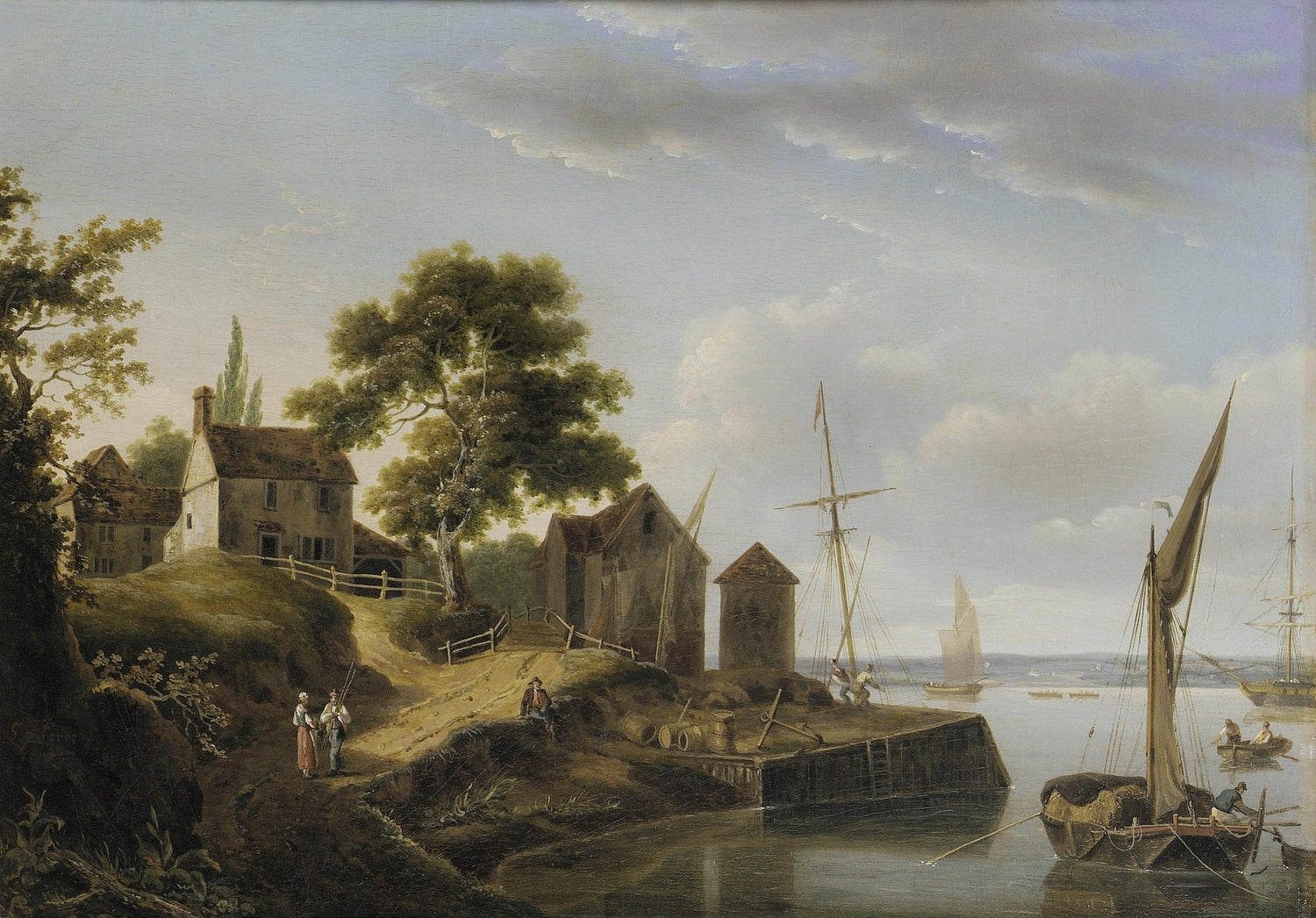 Hand painted landscape oil painting on canvas of a quiet harbor village with sailing boats, textured brushwork showing. - Add Frame, Boat, Canvas, Coastal, Hand Painted, Harbor, Landscape, Made To Order, Oil Painting, Seascape, Village