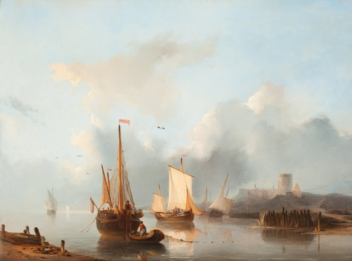 Hand-painted quiet harbor with sailing boats nautical oil painting on canvas