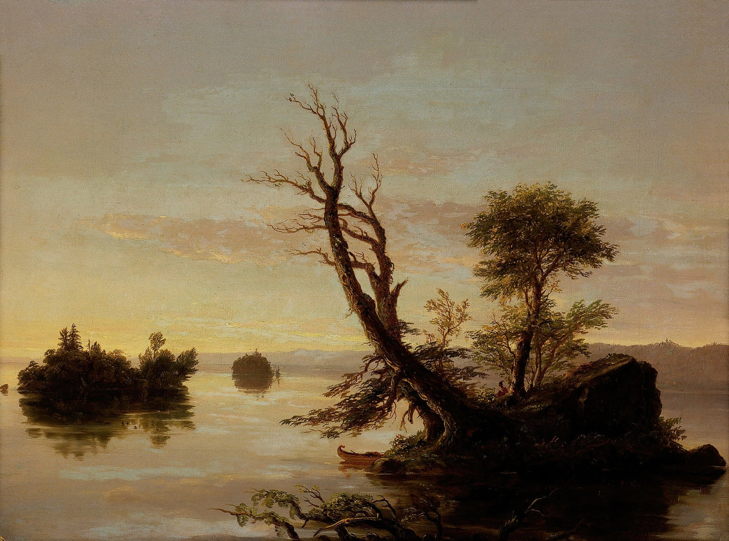 Landscape oil painting with quiet lake, silhouetted island, old twisted tree, and warm sunset sky, textured brushwork on. - Add Frame, Canvas, Forest, Hand Painted, Lake, Landscape, Made To Order, Oil Painting, Sunset