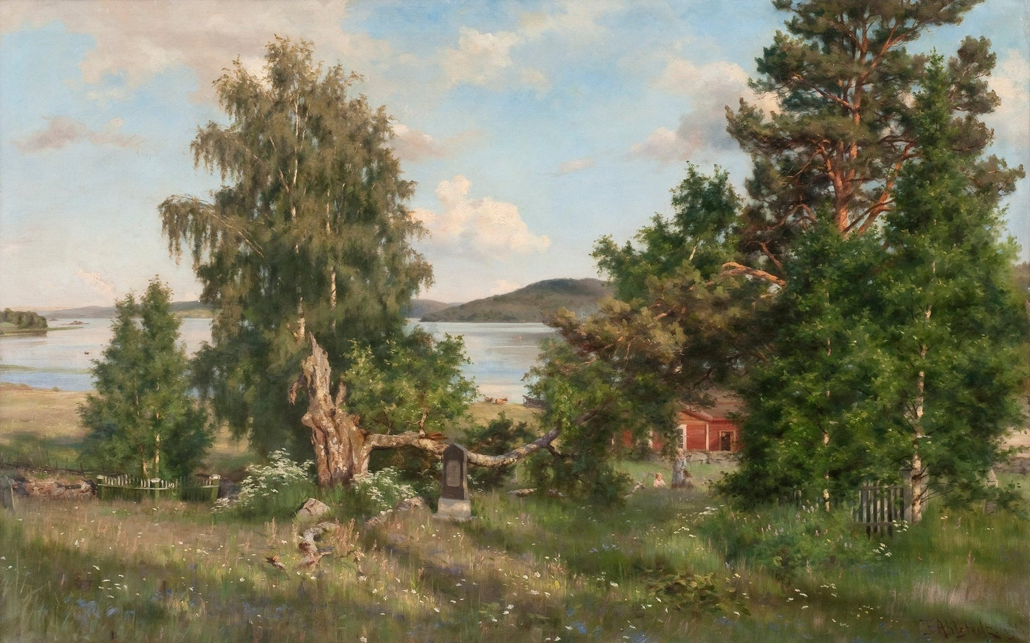 Quiet Lakeside Meadow with Trees – Hand - Painted Landscape Oil Painting - Oil Painting Haven