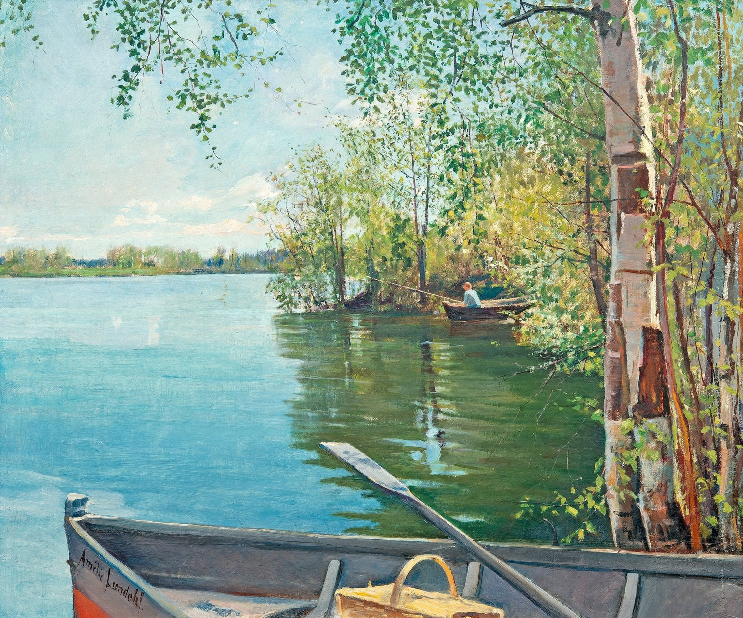 Quiet Lakeside, Rowboat, Birch Trees – Landscape Oil Painting - Oil Painting Haven