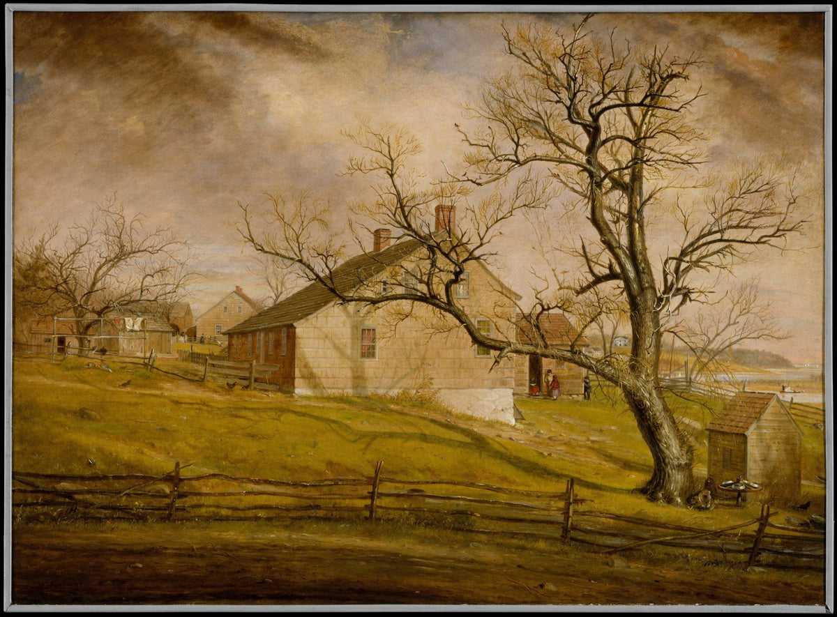 Hand painted oil on canvas landscape oil painting of a quiet Long Island farmhouse with bare trees and textured brushwork in . - Add Frame, Canvas, Country, Farm, Forest, Hand Painted, Landscape, Made To Order, Oil Painting