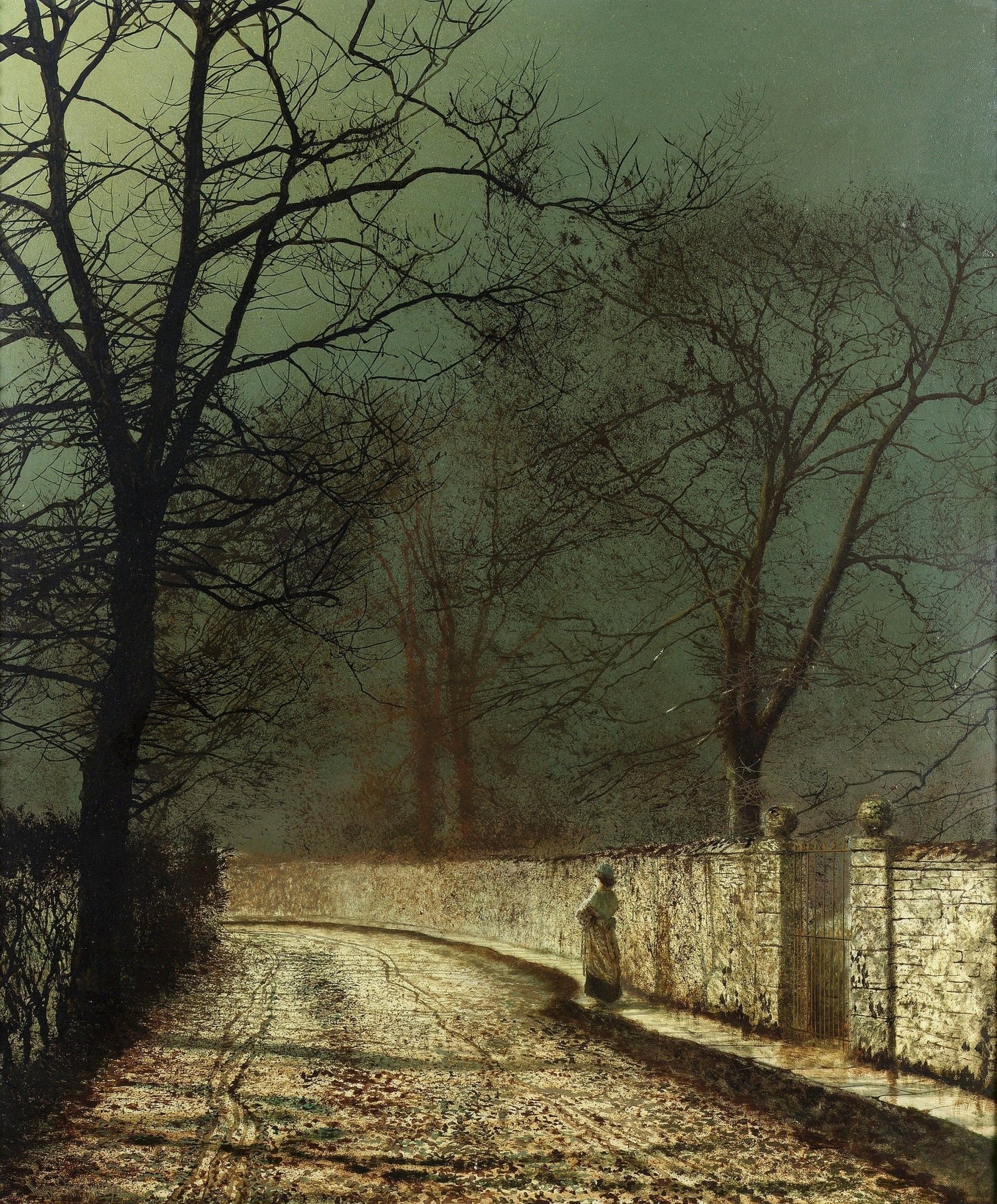 Landscape oil painting of a quiet moonlit country lane in autumn with bare trees and a stone wall, textured brushwork on oil . - Add Frame, Canvas, Country, Forest, Hand Painted, Landscape, Made To Order, Moonlight, Oil Painting, Road