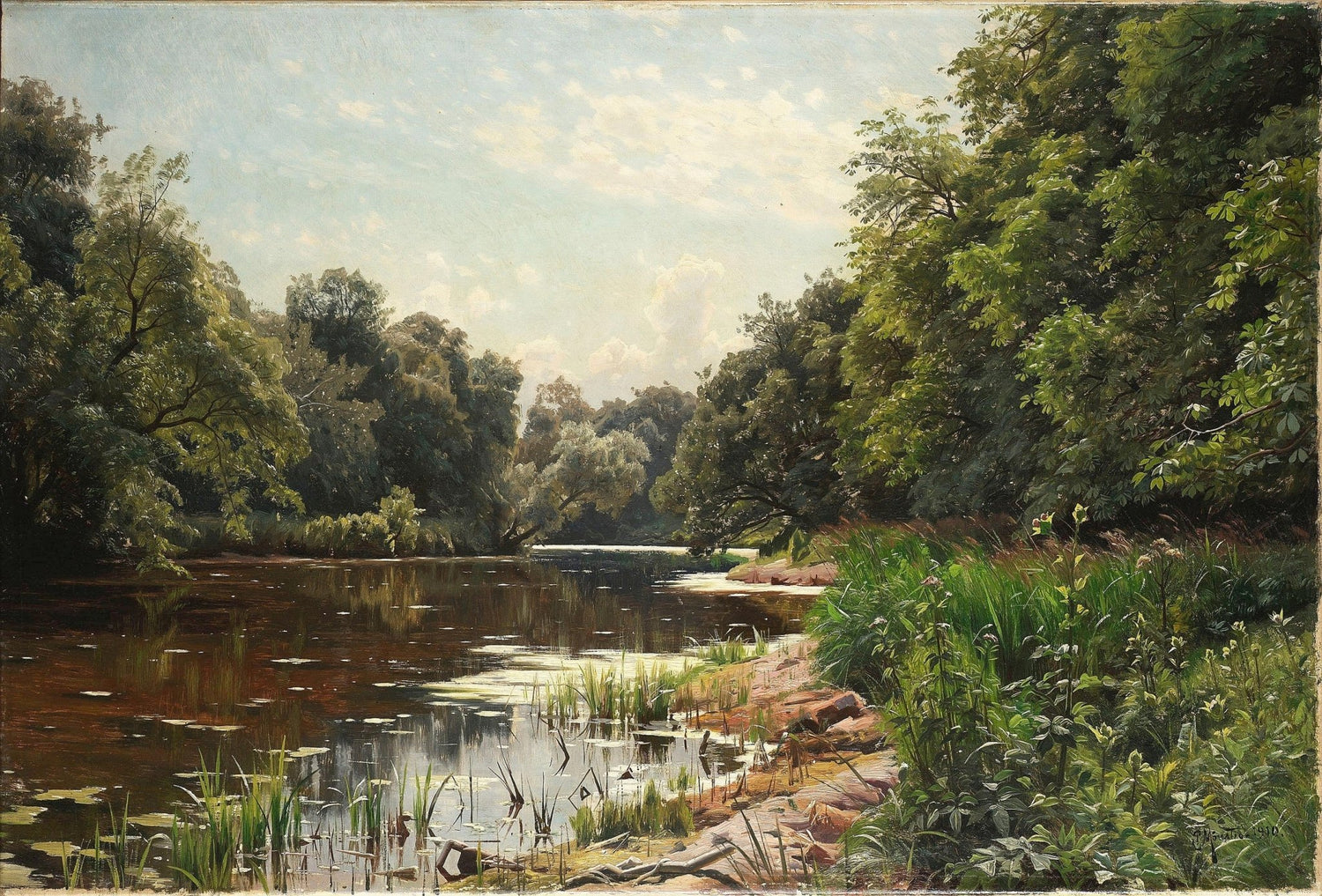 Quiet River Bend with Lush Trees – Landscape Oil Painting - Oil Painting Haven