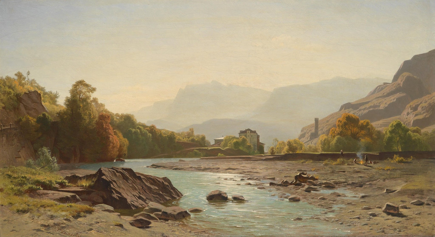 Quiet River Valley, Distant Hills – Hand - Painted Landscape Oil Painting - Oil Painting Haven