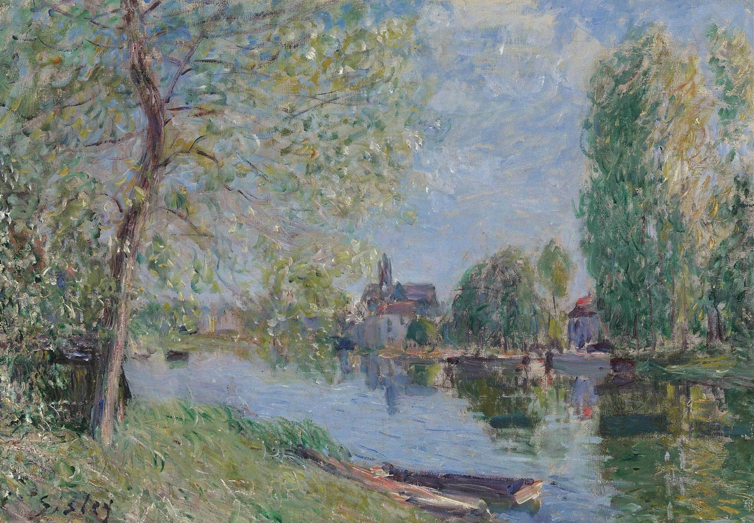Hand painted landscape oil painting on canvas featuring a quiet river with textured brushwork, trees, and a village view. - Add Frame, Canvas, Forest, Hand Painted, Landscape, Made To Order, Oil Painting, River, Village