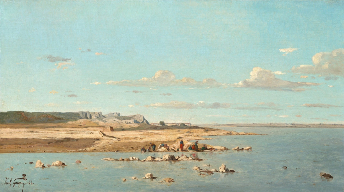 Landscape oil painting of a calm riverbank with small figures near the shore and distant cliffs under a light blue sky,. - Add Frame, Canvas, Figure, Hand Painted, Landscape, Made To Order, Oil Painting