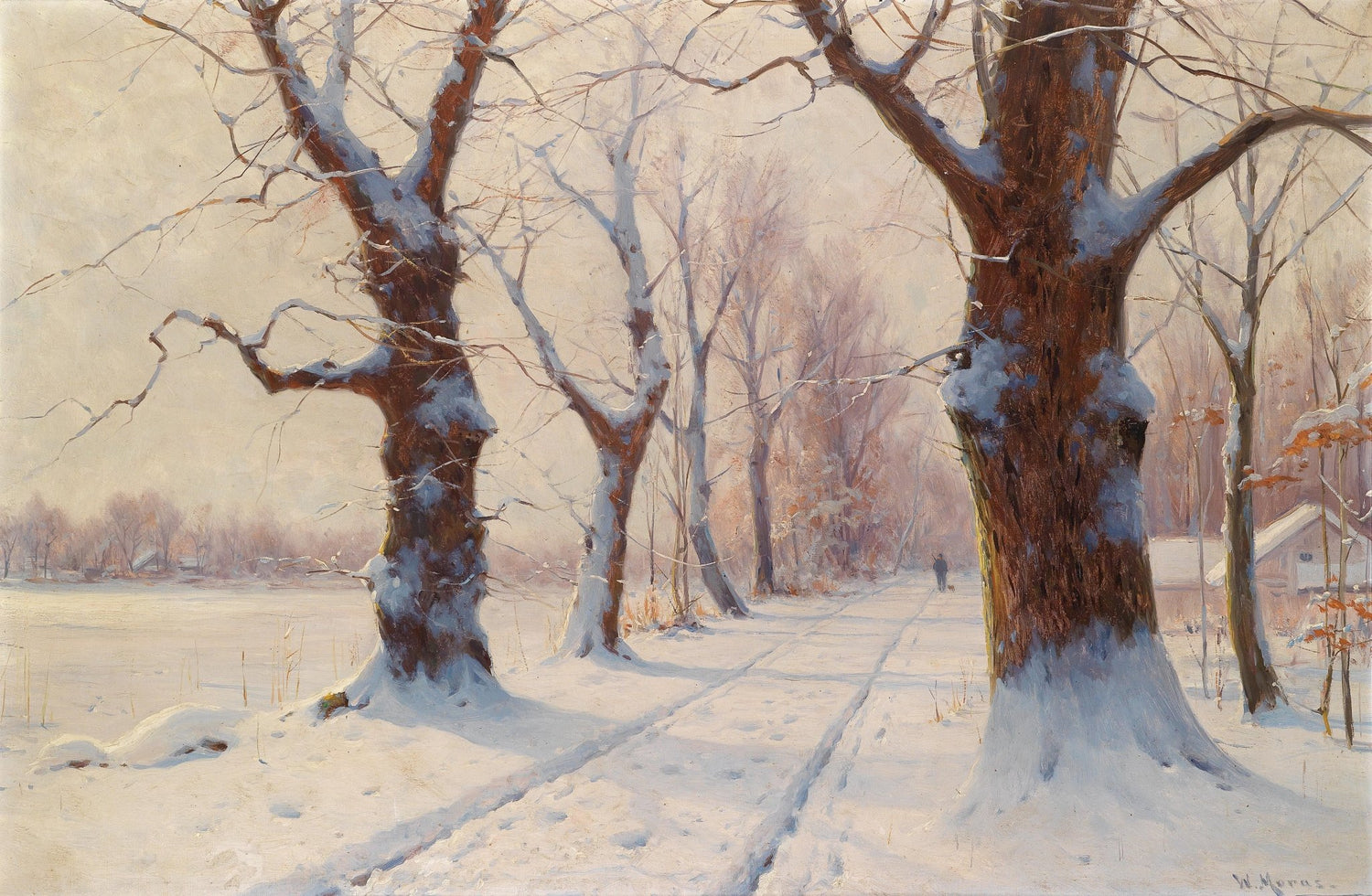 Landscape oil painting of a quiet winter path flanked by snow-covered trees with textured brushwork on oil on canvas. - Add Frame, Canvas, Country, Forest, Hand Painted, Landscape, Made To Order, Oil Painting, Road, Winter