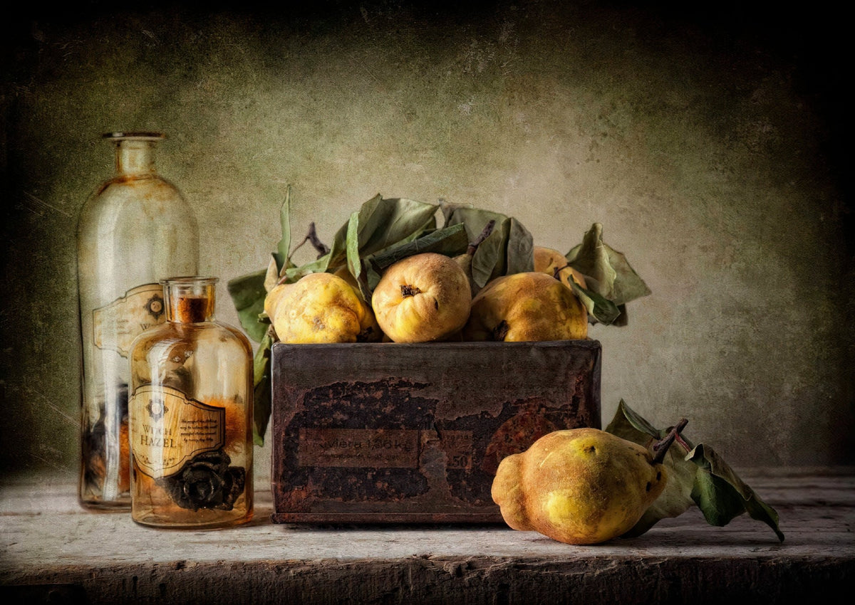 Quinces in Wooden Box with Vintage Bottles - Still Life Oil Painting - Oil Painting Haven