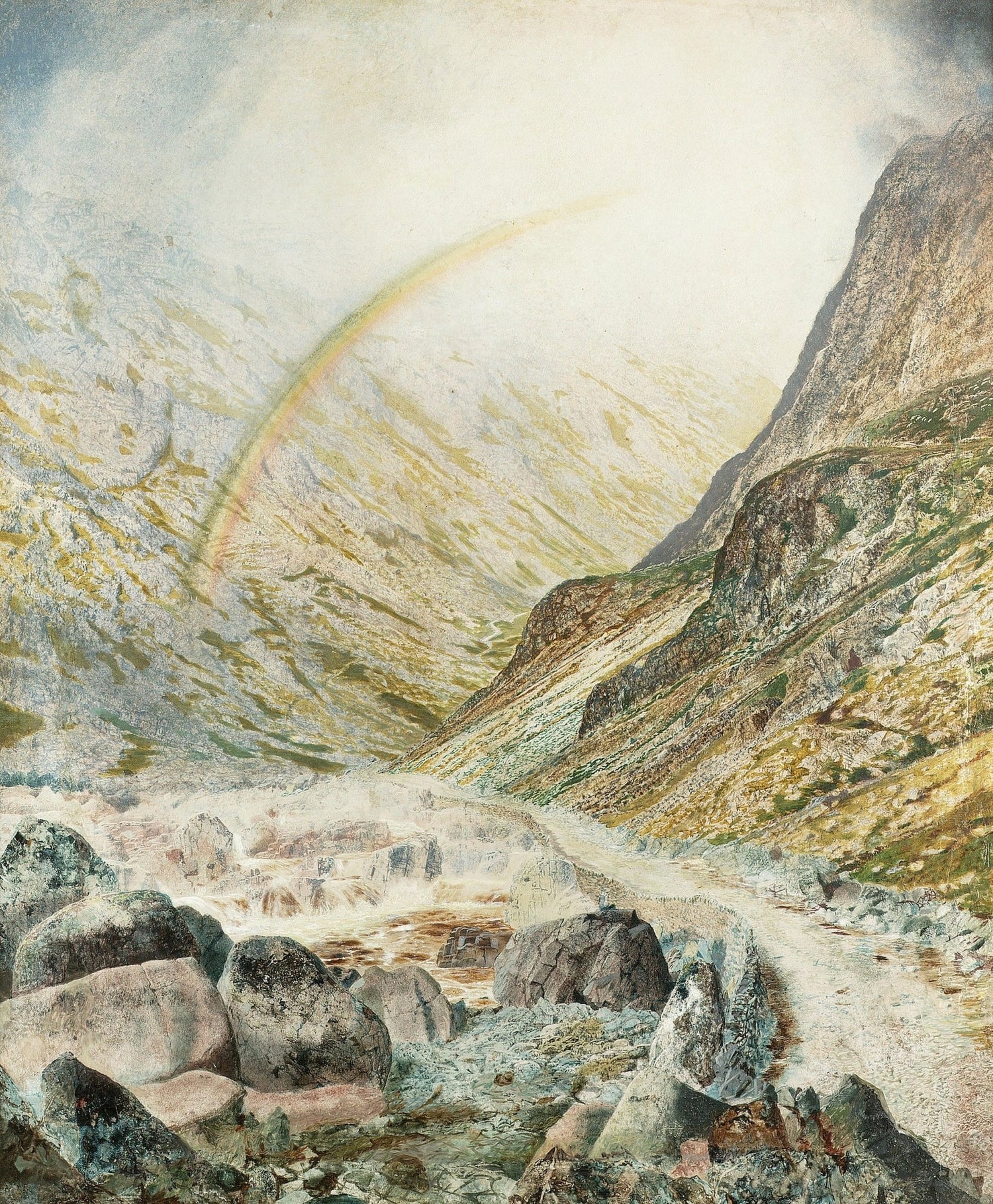 Landscape oil painting with textured brushwork depicting a mountain pass, winding river, and soft rainbow over rocky alpine. - Add Frame, Alpine, Canvas, Hand Painted, Landscape, Made To Order, Mountain, Oil Painting, River, Road