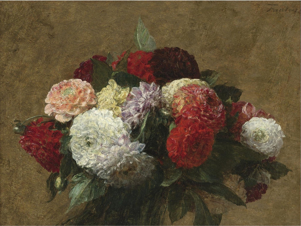 Red and White Dahlias Bouquet Still Life - Floral Oil Painting - Oil Painting Haven