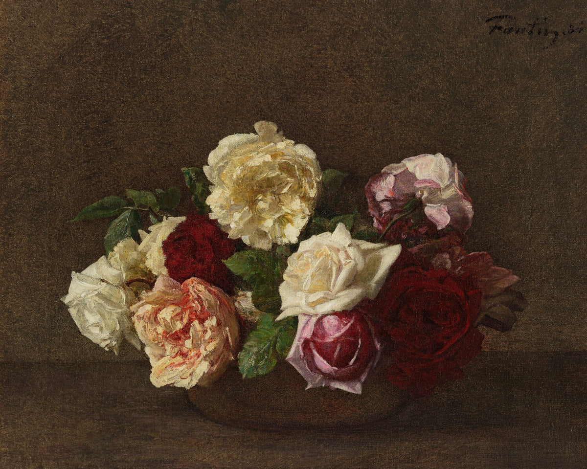 Red and White Roses in Rustic Bowl Still Life - Floral Oil Painting - Oil Painting Haven