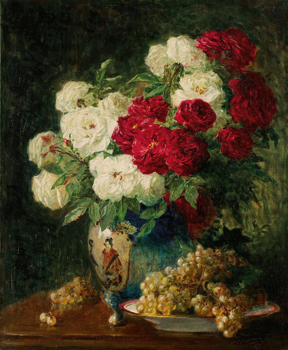 Red and White Roses in Vase Still Life - Floral Oil Painting - Oil Painting Haven