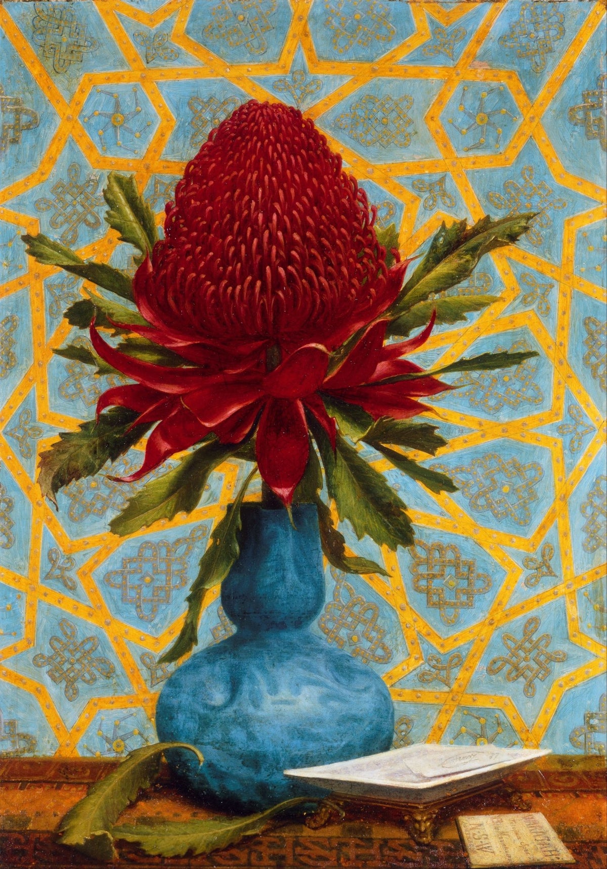Red Banksia Flower in Blue Vase– Floral Oil Painting - Oil Painting Haven