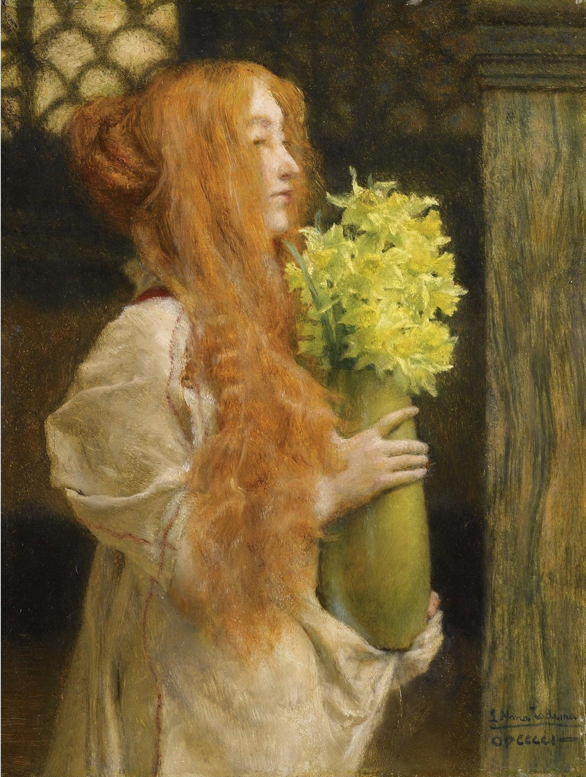 Red - Haired Woman Holding Yellow Flowers - People Oil Painting - Oil Painting Haven