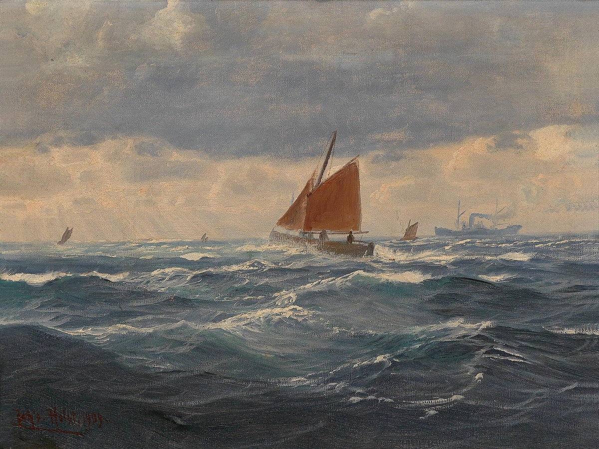 Hand-painted red sail on open sea nautical oil painting on canvas