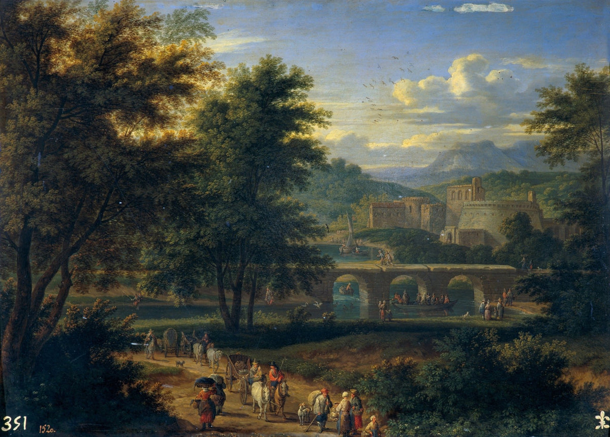 Hand painted landscape oil painting on canvas with river, arched stone bridge, castle, and travelers under textured. - Add Frame, Architecture, Canvas, Castle, Country, Hand Painted, Landscape, Made To Order, Oil Painting, River