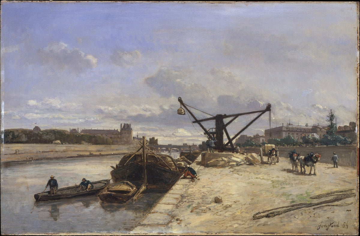 Landscape oil painting of a river dock with boats and a crane, textured brushwork on canvas, hand painted oil on canvas. - Add Frame, Boat, Canvas, Hand Painted, Harbor, Landscape, Made To Order, Oil Painting, River, Seascape