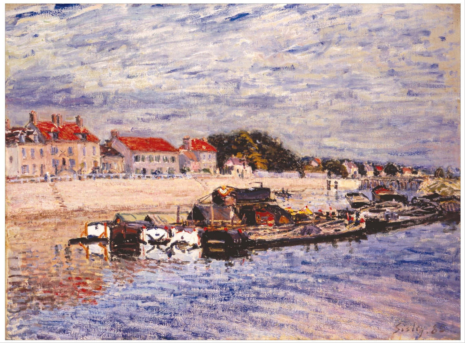 Landscape oil painting of river harbor with boats docked near village houses, vibrant textured brushwork on canvas. - Boat, Canvas, Hand Painted, Harbor, Landscape, Made To Order, Oil Painting, River, Seascape, Village