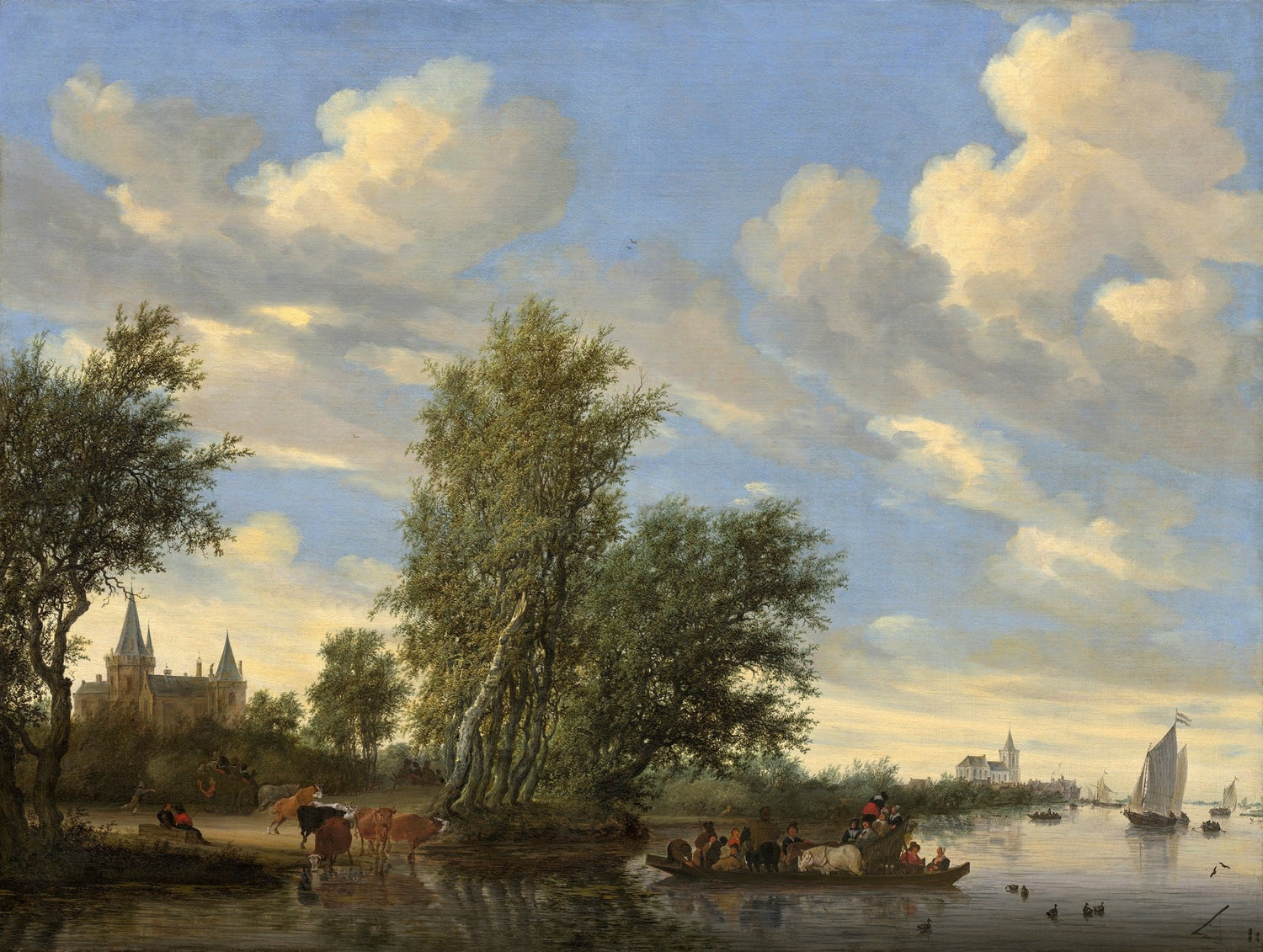 Landscape oil painting featuring a river with boats, village buildings, and tall trees under a cloud-filled sky, textured. - Add Frame, Boat, Canvas, Country, Forest, Hand Painted, Landscape, Made To Order, Oil Painting, River, Village