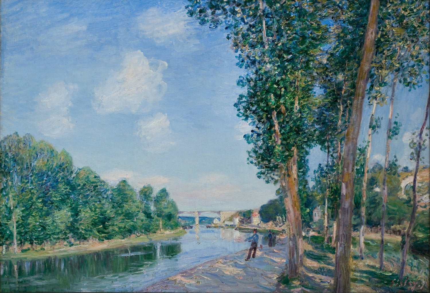Landscape oil painting with textured brushwork depicting a riverbank path lined by tall trees and a distant bridge, hand. - Add Frame, Architecture, Canvas, Forest, Hand Painted, Landscape, Made To Order, Oil Painting, Road