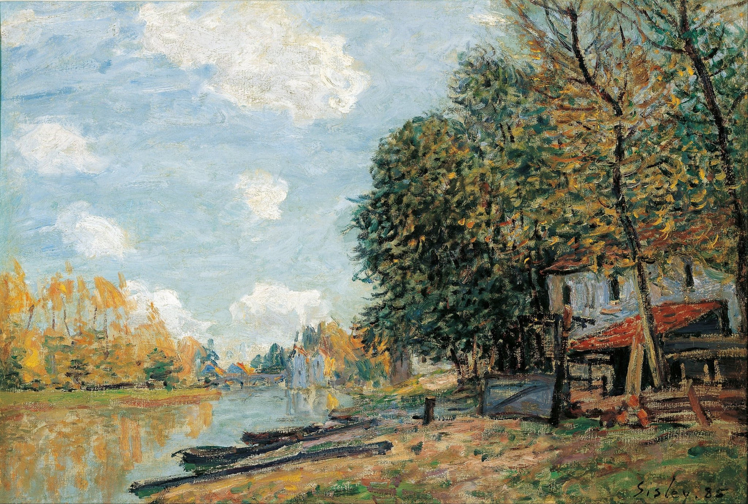 Landscape oil painting of a riverbank village with autumn trees, textured brushwork on oil on canvas. - Add Frame, Canvas, Country, Forest, Hand Painted, Landscape, Made To Order, Oil Painting, Village