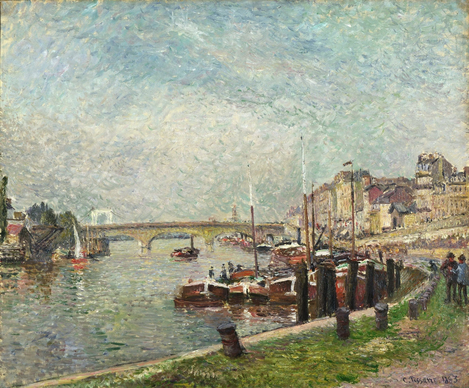 Landscape oil painting of Rouen riverfront with boats, bridge, and textured brushwork on canvas. - Add Frame, Architecture, Boat, Canvas, Hand Painted, Landscape, Made To Order, Oil Painting
